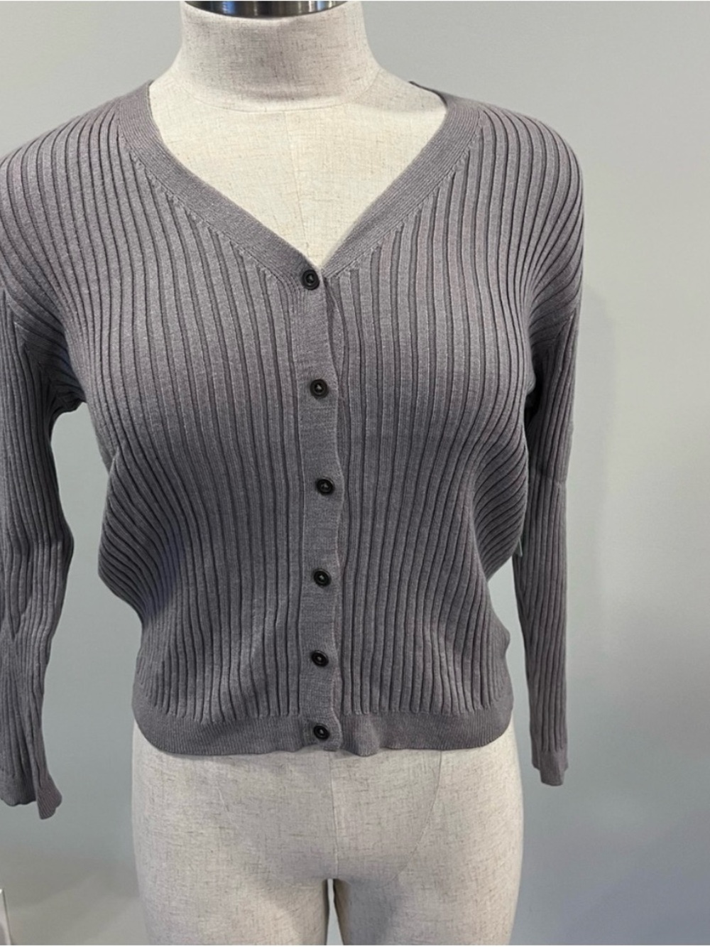 Honeydew USA Gray Ribbed up V-Neck Button Front Cardigan